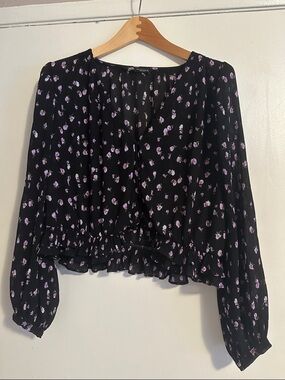 Zara Black Blouse with Lavender Floral Print